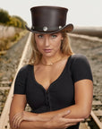 El Dorado Buffalo Nickel | Womens Brown Leather Top Hat with Buffalo Nickel Hat Band