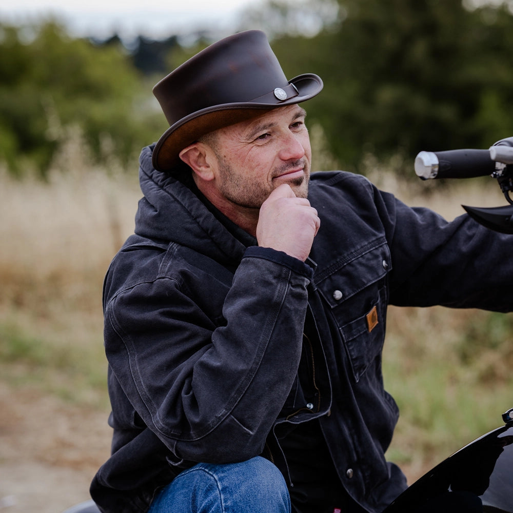 El Dorado Buffalo Nickel | Mens Brown Leather Top Hat with Buffalo Nickel Hat Band