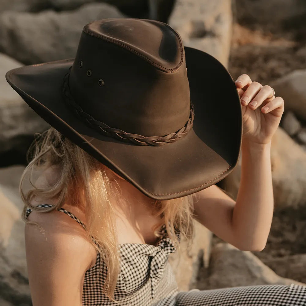 Hollywood | Womens Brown Leather Cowgirl Hat