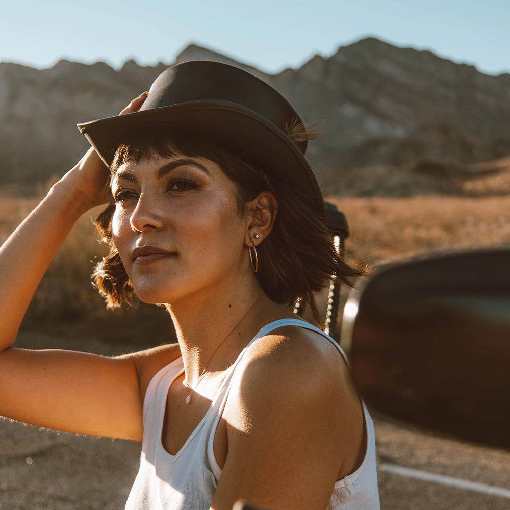 Marlow | Womens Black Leather Top Hat with LT Hat Band