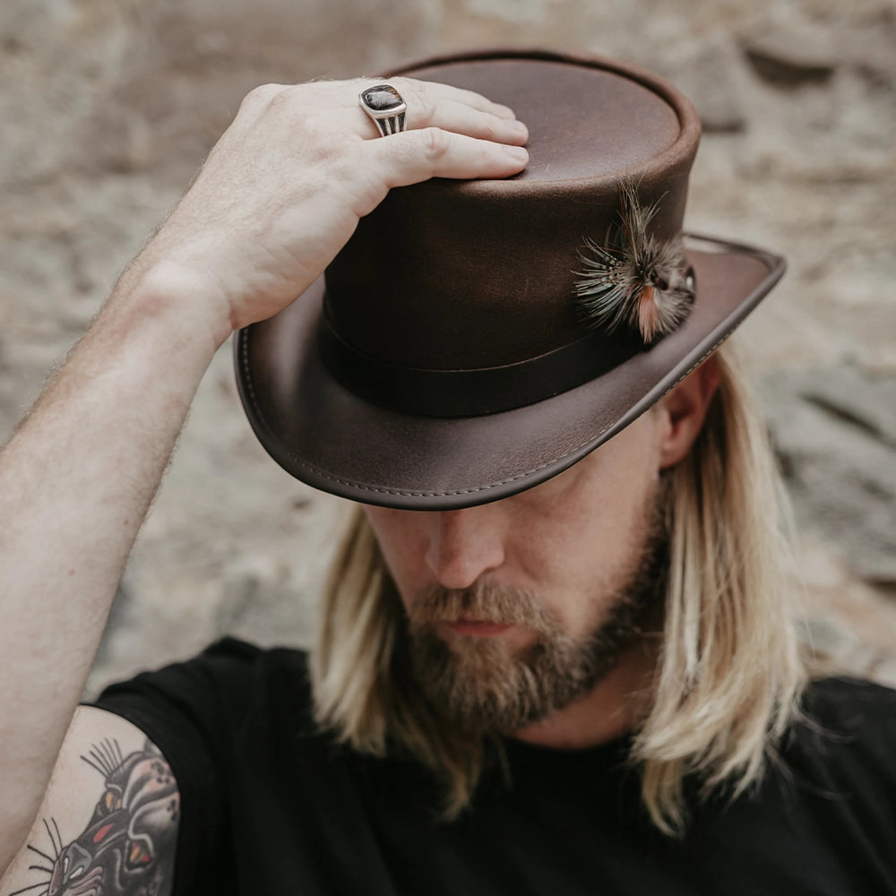 Marlow | Mens Brown Leather Top Hat with LT Hat Band