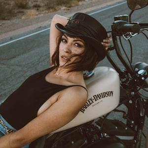 Marlow | Womens Black Leather Top Hat with Lil Evil Hat Band