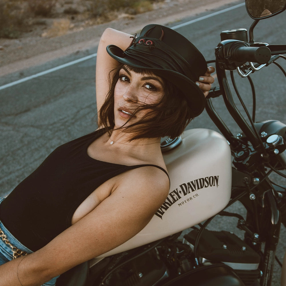Marlow | Womens Black Leather Top Hat with Lil Evil Hat Band