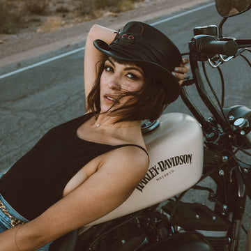 Marlow | Womens Black Leather Top Hat with Lil Evil Hat Band