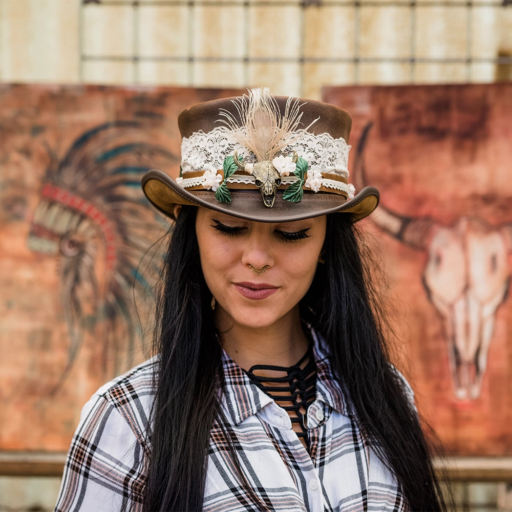 Marlow | Womens Brown Leather Top Hat with True Love Hat Band