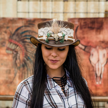 Marlow | Womens Brown Leather Top Hat with True Love Hat Band