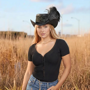 Reversible Ren | Womens Black Leather Festival Hat with Green & Gold Hat Band