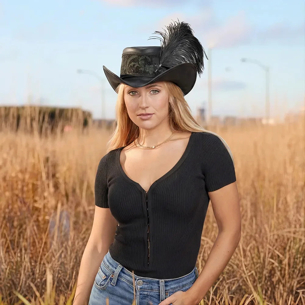 Reversible Ren | Womens Black Leather Festival Hat with Green & Gold Hat Band