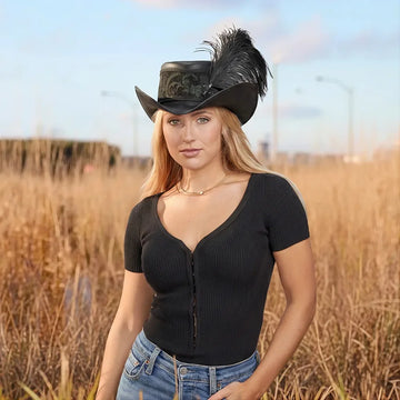 Reversible Ren | Womens Black Leather Festival Hat with Green & Gold Hat Band