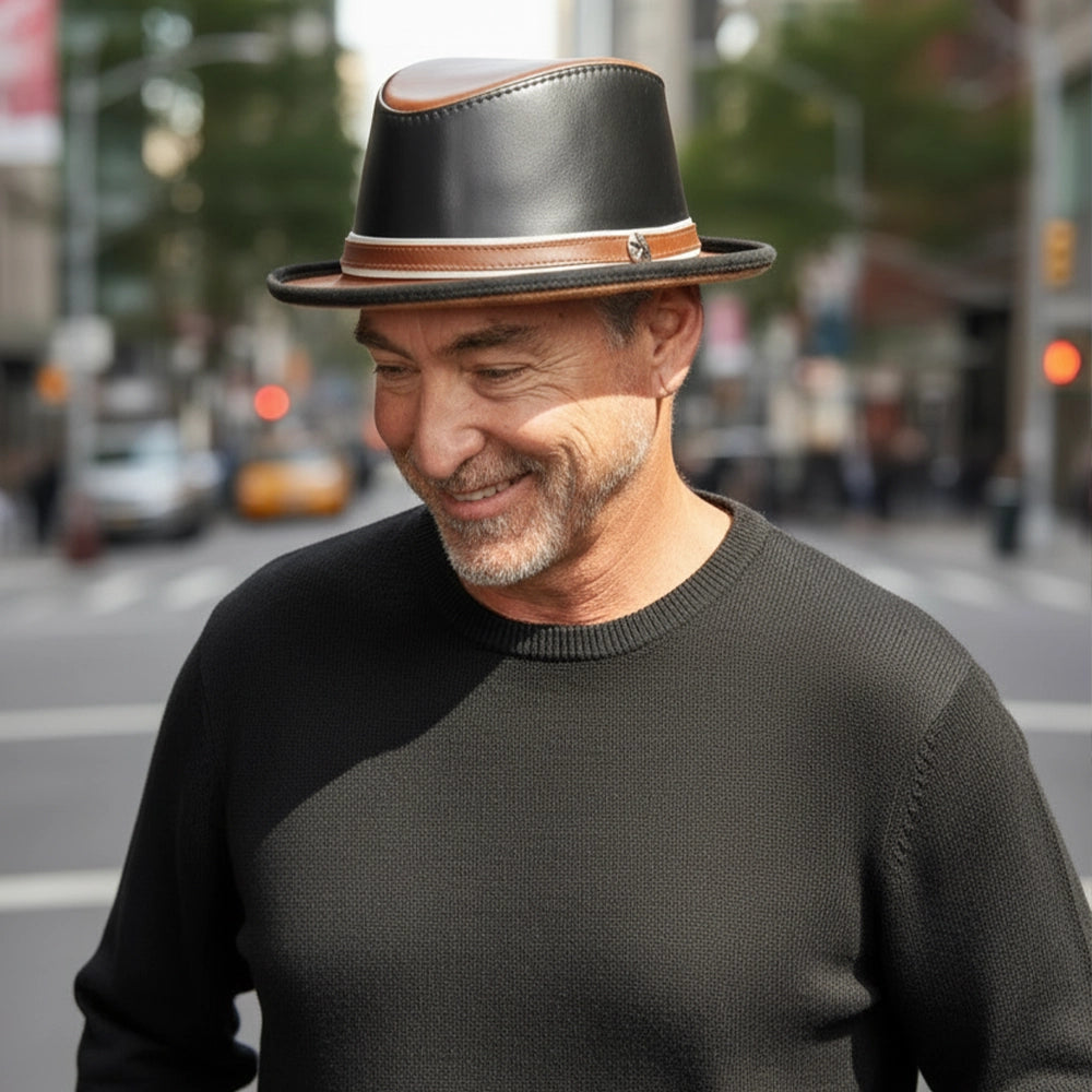 Rocky | Mens Black Leather Fedora Hat