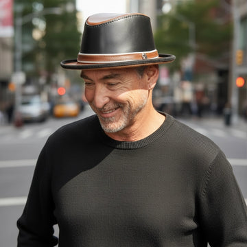 Rocky | Mens Black Leather Fedora Hat