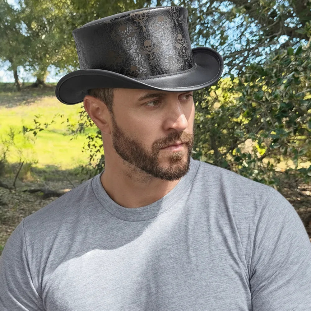 Royal Skull | Mens Black Leather Skull Engraved Top Hat