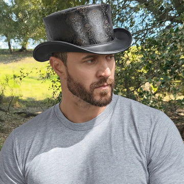 Royal Skull | Mens Black Leather Skull Engraved Top Hat