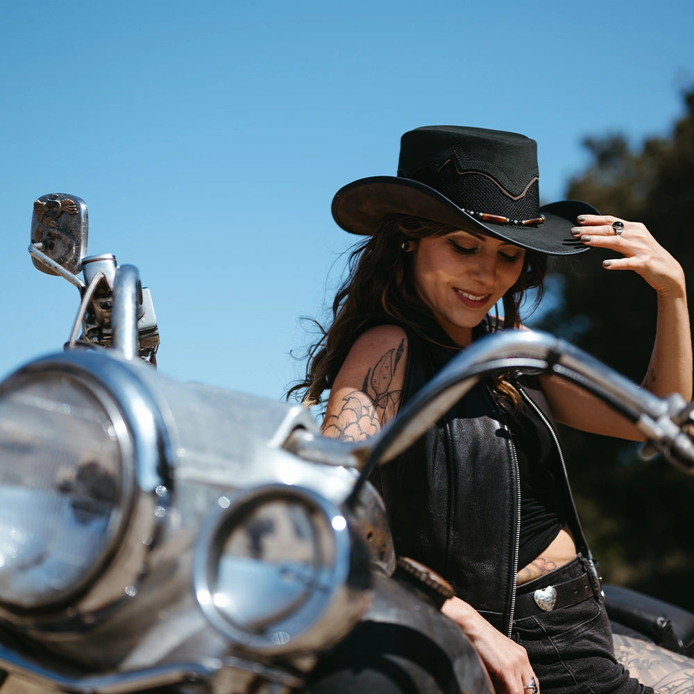 Sierra | Womens Black & Espresso Leather Cowgirl Hat – American