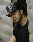 Silver Skull | Mens Leather Top Hat with Skull Hat Band