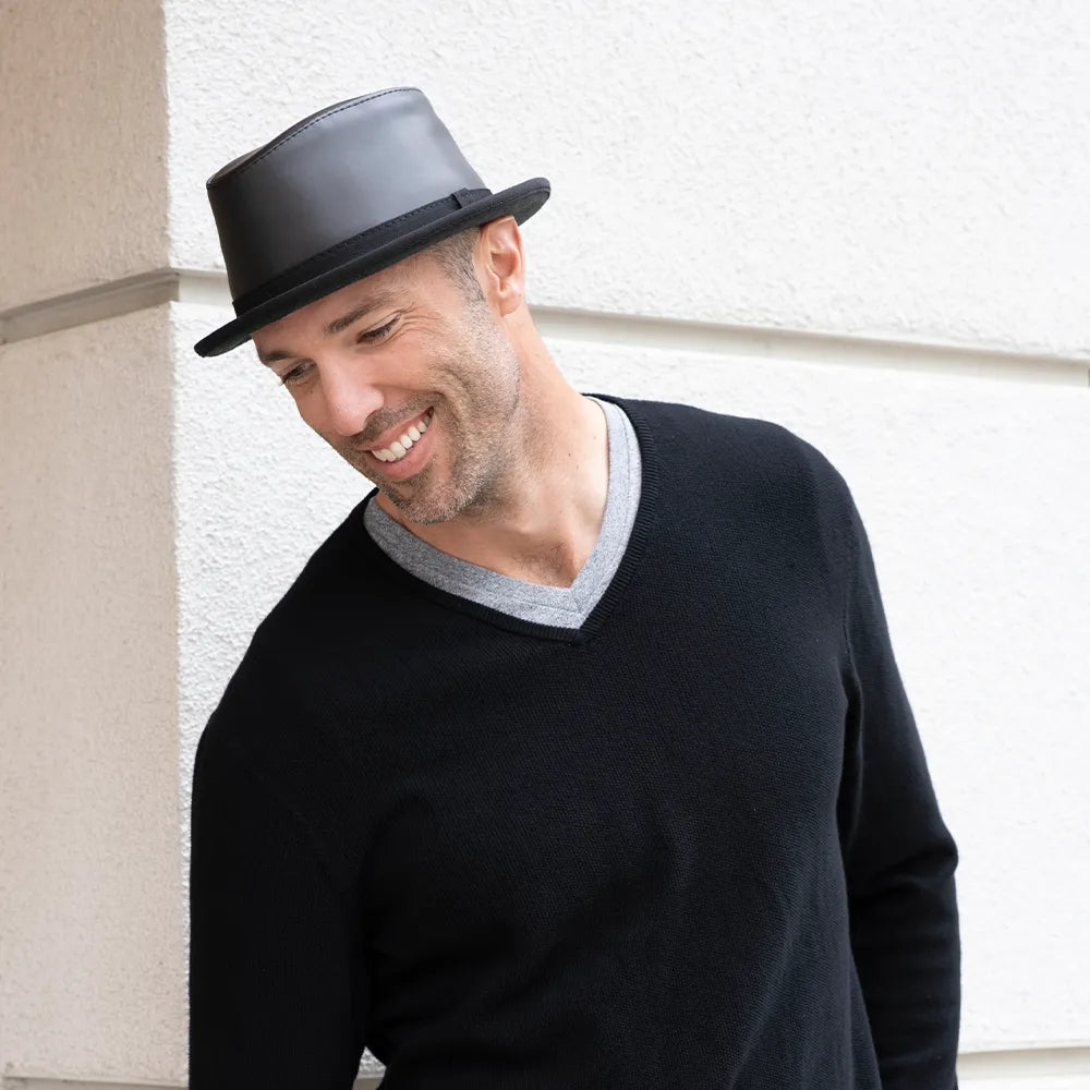 Soho | Mens Black Trilby Leather Fedora Hat