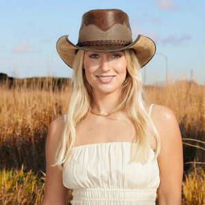 Stampede | Womens Brown Crunch Cowhide Leather Cowgirl Hat with Mesh Sides