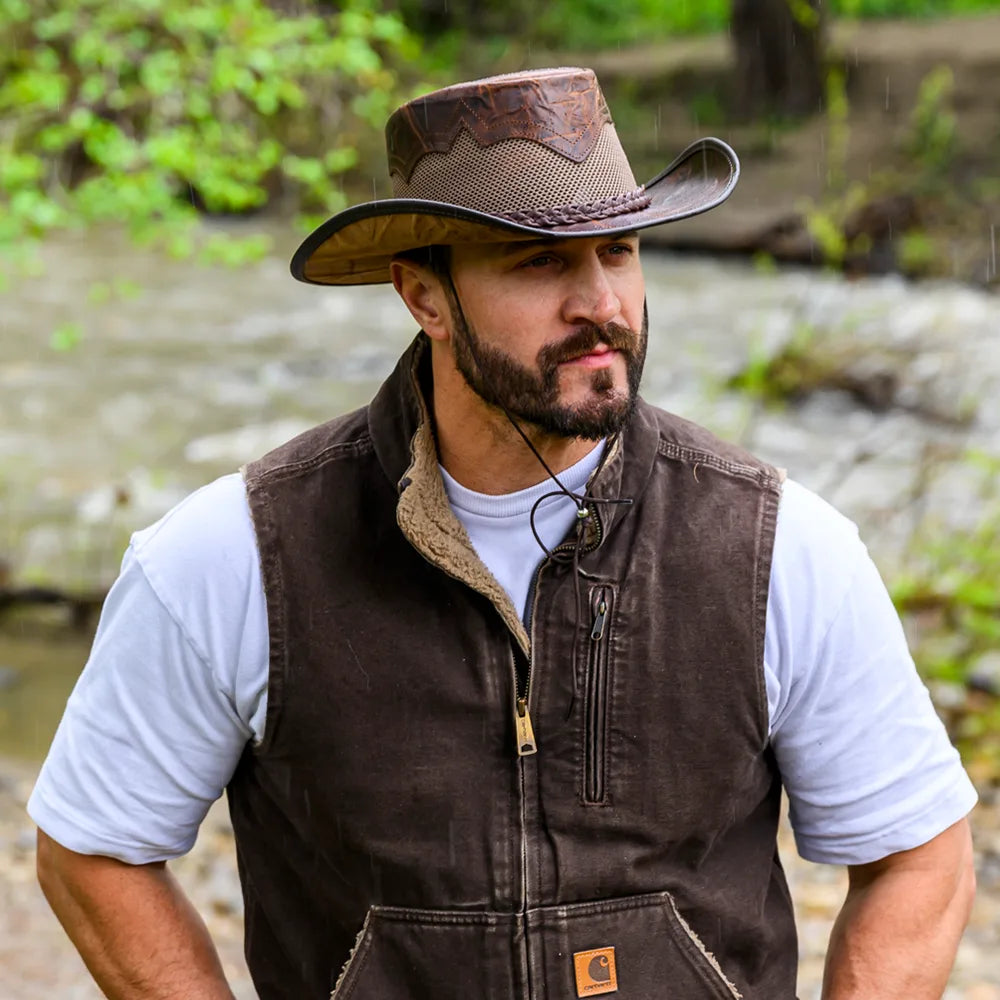 Stampede | Mens Cowhide Leather Cowboy Hat with Mesh Sides