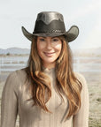 Stampede | Womens Onyx Crunch Cowhide Leather Cowgirl Hat with Mesh Sides