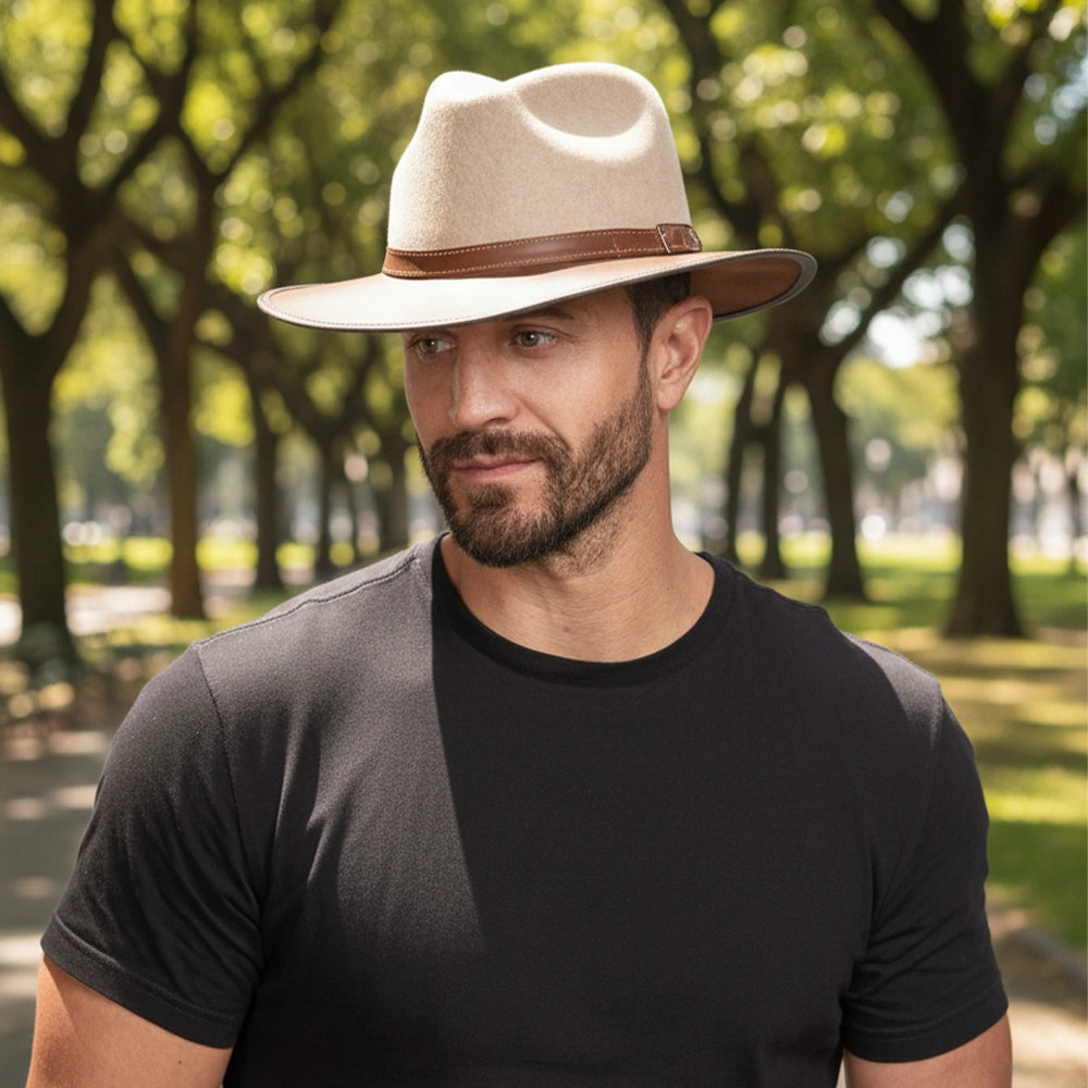 Summit | Mens Oatmeal Felt Leather Fedora Hat