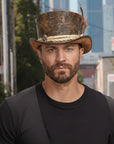 Wiccan | Mens Distressed Leather Top Hat with Skull Bone Hat Band
