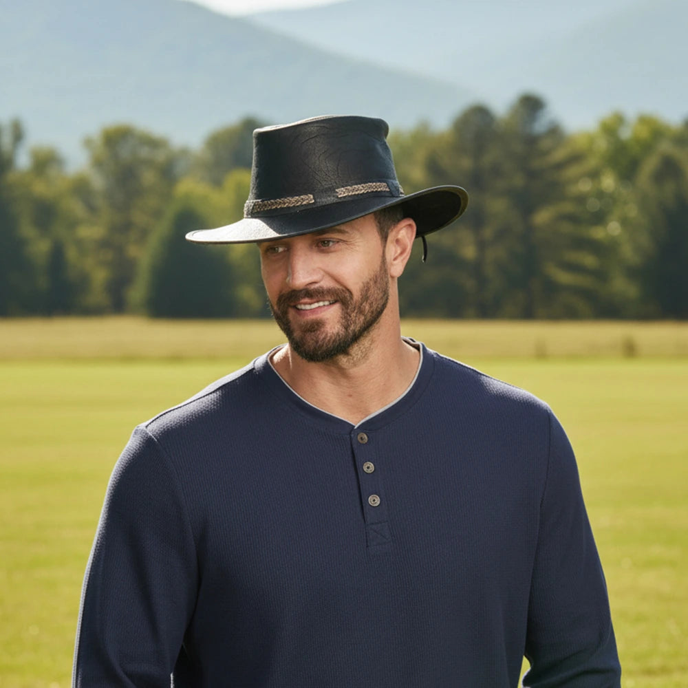 Bison | Mens Black Bison Leather Packable Outback Hat – American Hat Makers