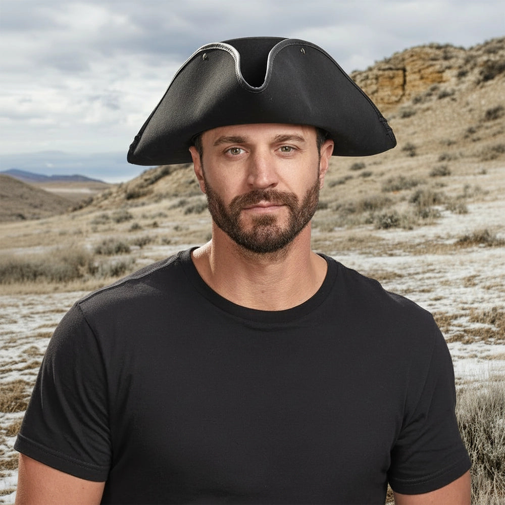 Blackbeard | Mens Black Tricorne Leather Pirate Hat
