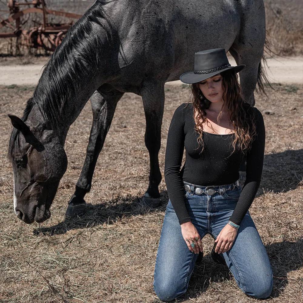 Crusher | Womens Black Leather Crushable Outback Hat