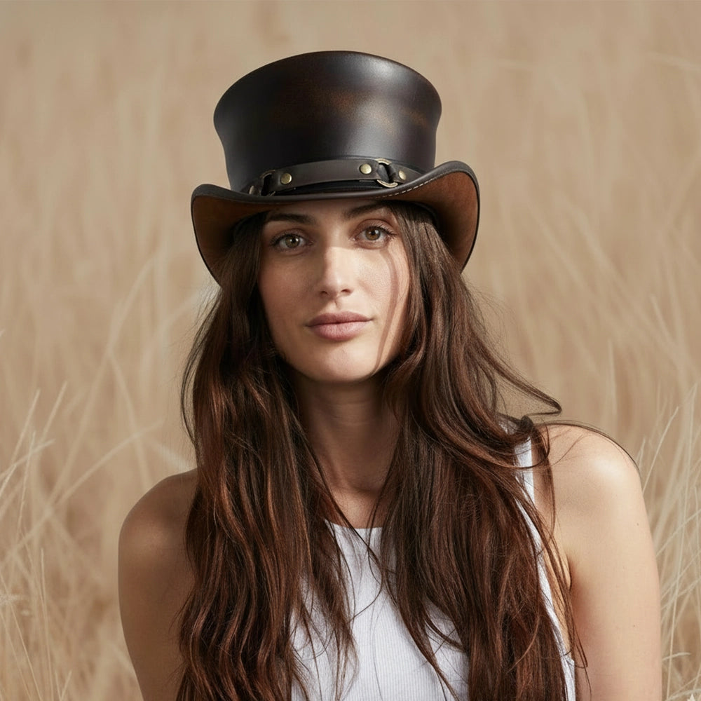 El Dorado SR2 | Womens Brown Leather Top Hat with SR2 Hat Band