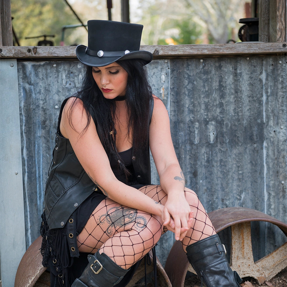 El Dorado Buffalo Nickel | Womens Black Leather Top Hat with Buffalo Nickel Hat Band