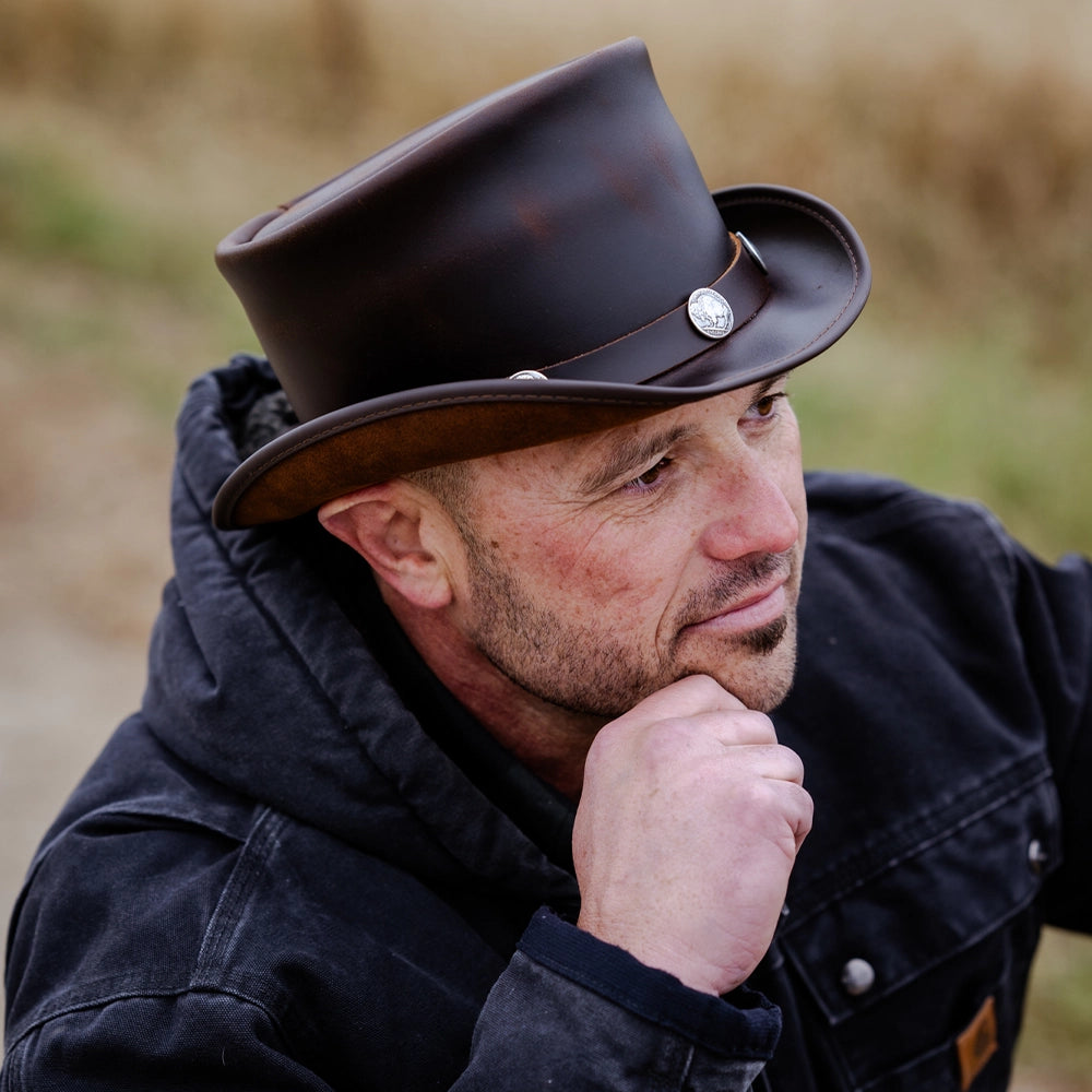 El Dorado Buffalo Nickel | Mens Brown Leather Top Hat with Buffalo Nickel Hat Band