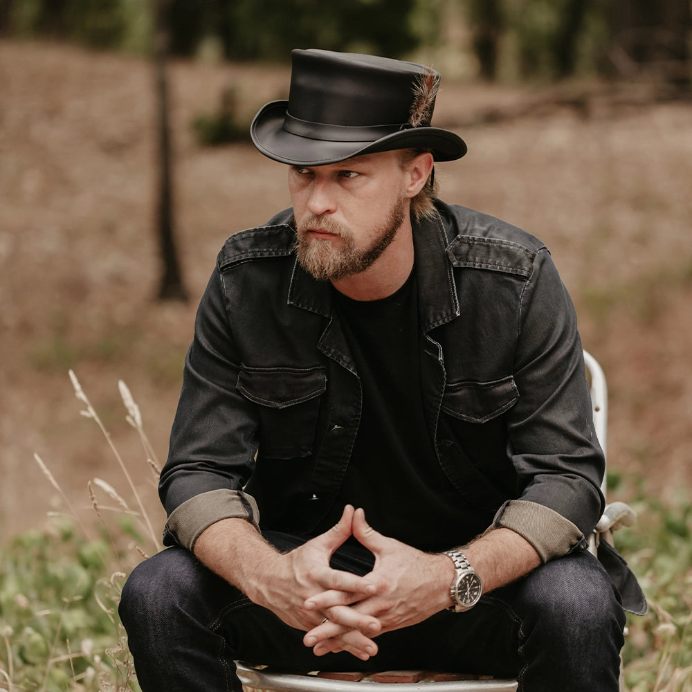 Marlow | Mens Black Leather Top Hat with LT Hat Band