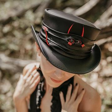 Marlow | Womens Black Leather Top Hat with Lil Evil Hat Band