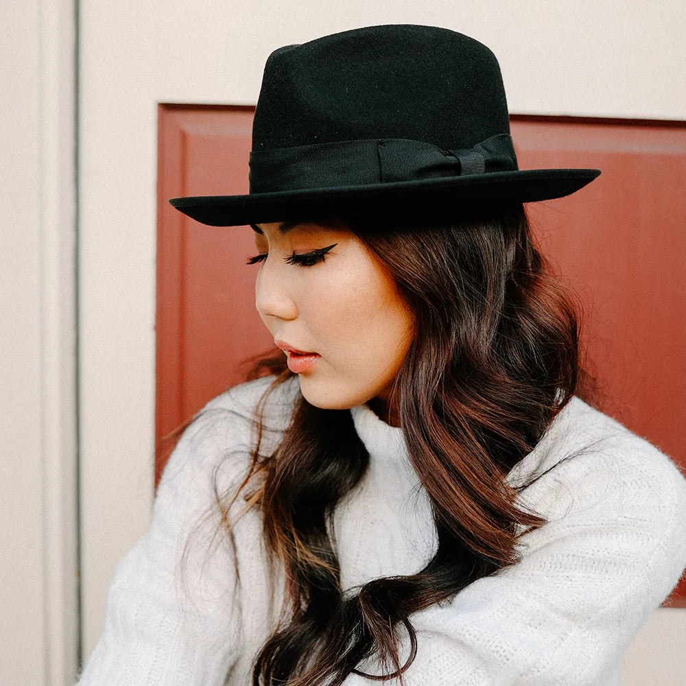Pablo | Womens Black Wool Felt Pinch Front Fedora Hat