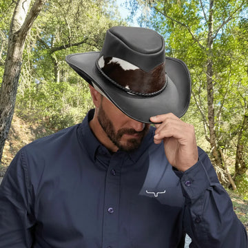 Pinto | Mens Black Leather Cowboy Hat with Calf Accents