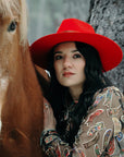 Rancher | Womens Red Wide Brim Felt Fedora Hat