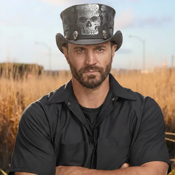 Silver Skull | Mens Black Leather Top Hat with Skull Hat Band