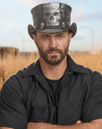 Silver Skull | Mens Leather Top Hat with Skull Hat Band