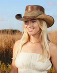 Stampede | Womens Brown Crunch Cowhide Leather Cowgirl Hat with Mesh Sides