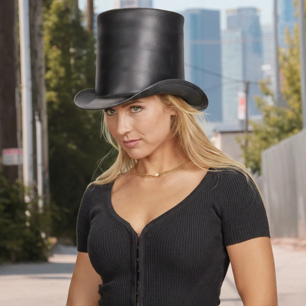 Stovepiper | Womens Black Leather Stovepipe Top Hat