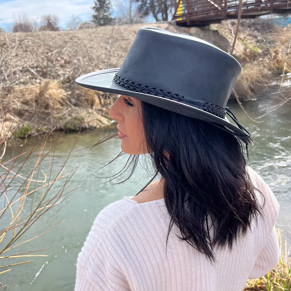 Crusher | Womens Black Leather Crushable Outback Hat