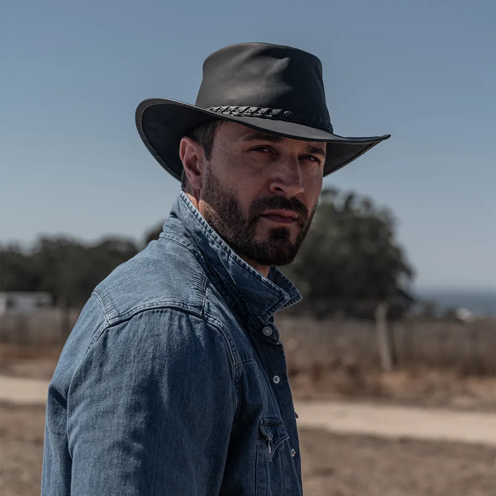 Crusher | Mens Black Crushable Leather Outback Hat