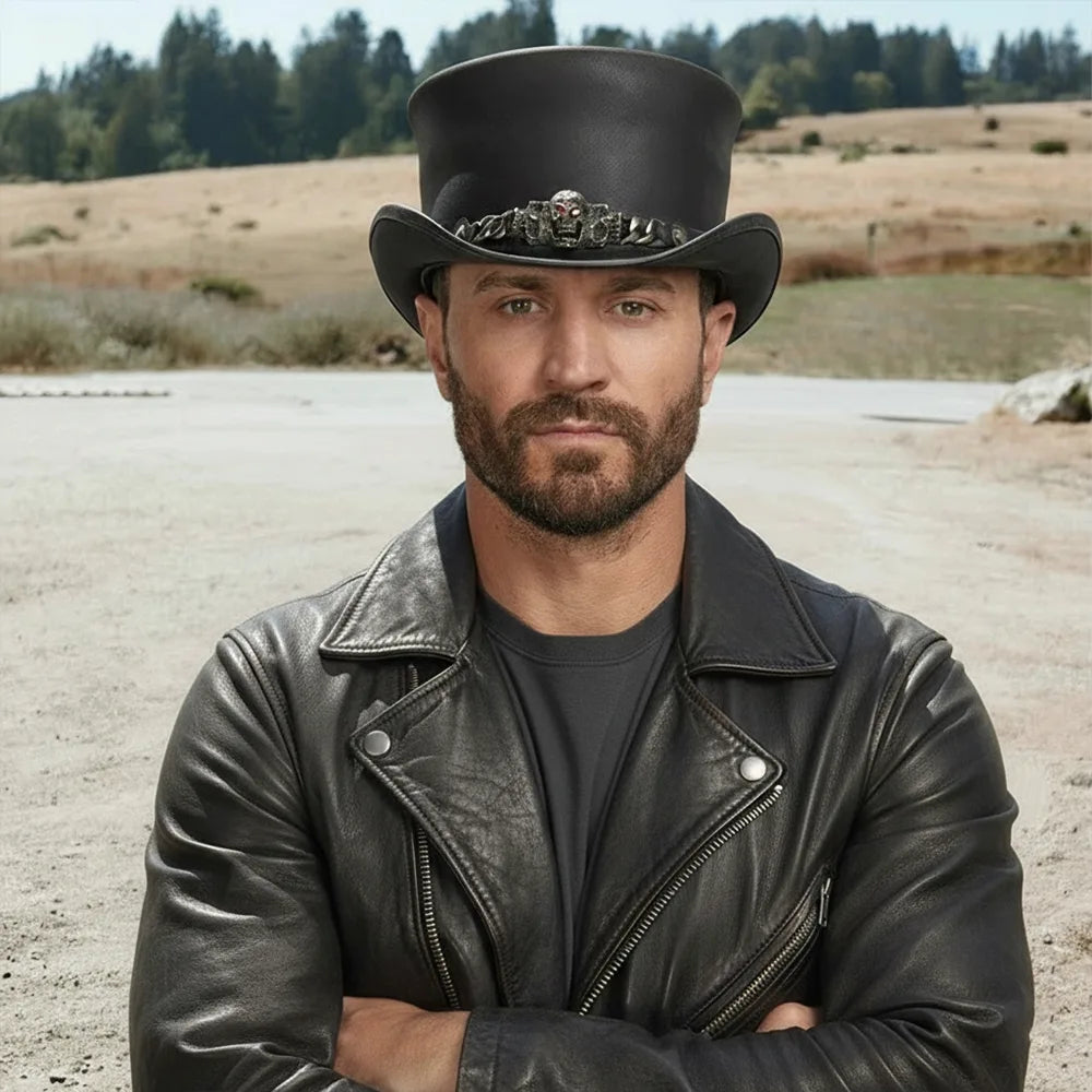 帽子 10's UNUSUAL S.TOP HAT(NOS-60CM) El Dorado Red Eye | Mens Black Leather Top Hat with Red Eye Skull