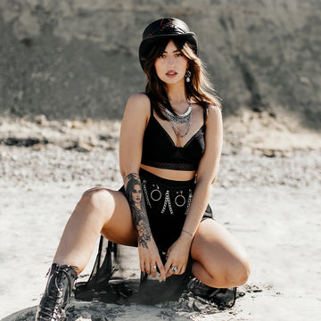 Marlow | Womens Black Leather Top Hat with Lil Evil Hat Band