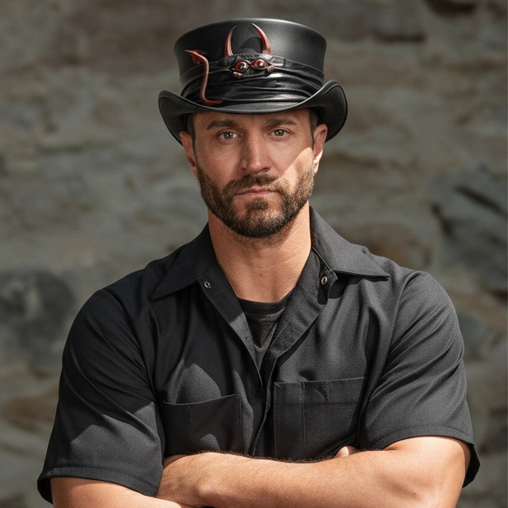 Marlow Lil Evil | Mens Leather Top Hat with Lil Evil Hat Band