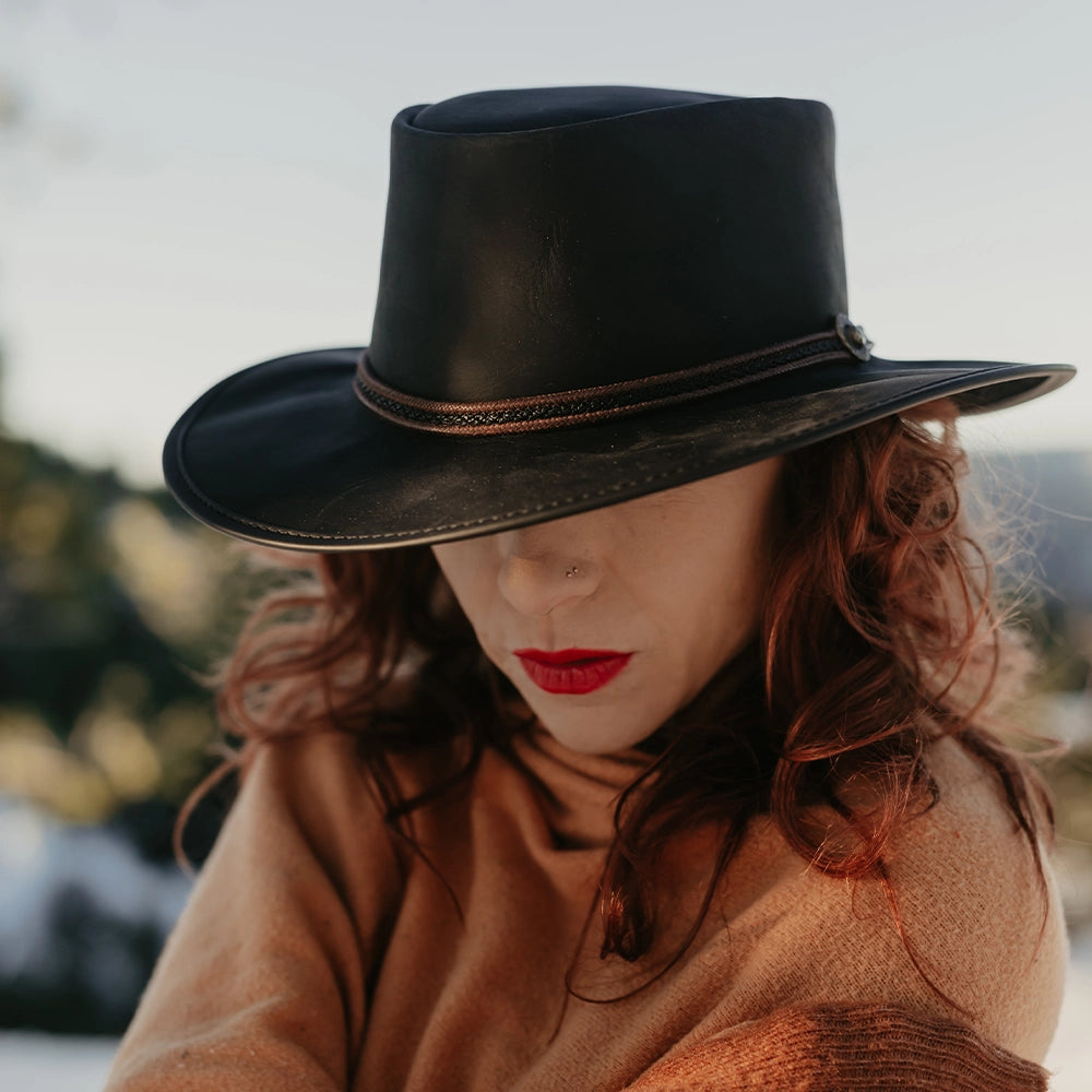 Midnight Rider | Womens Black Leather Outback Hat