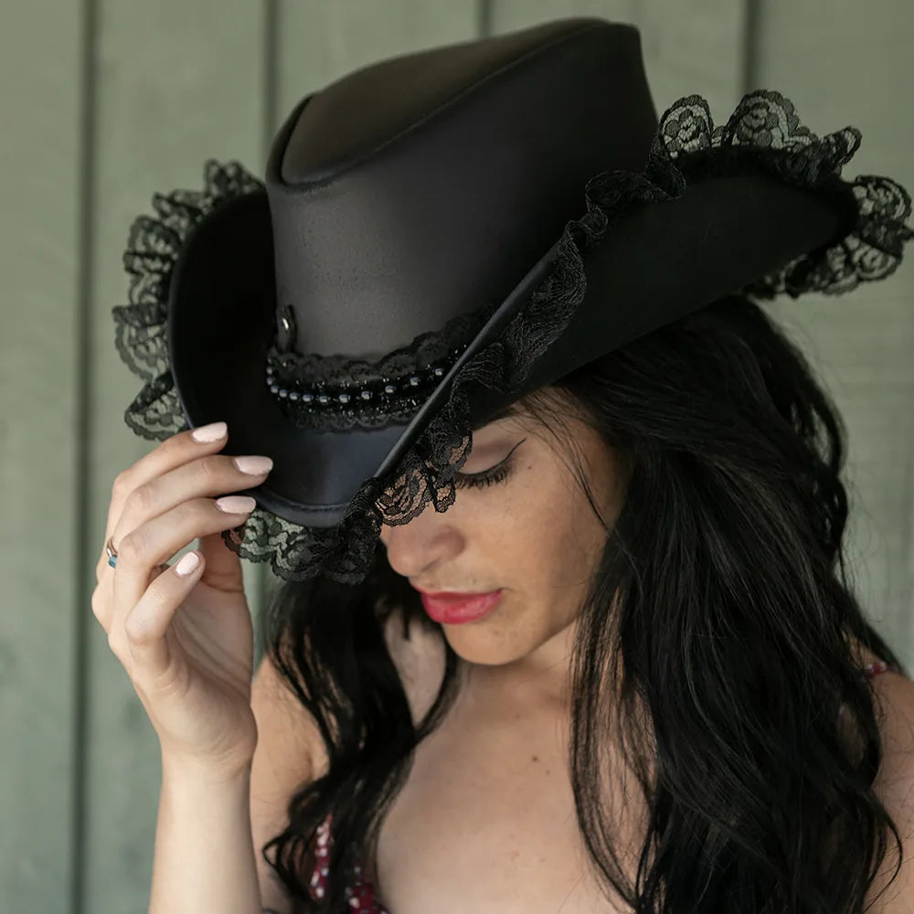 Posh | Womens Genuine Leather and Lace Steampunk Top Hat
