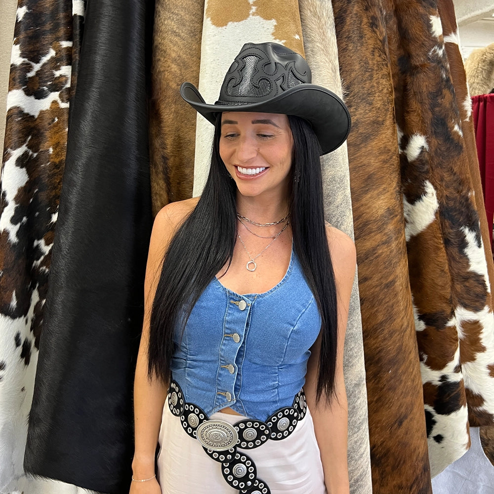 Renegade | Womens Pinch Front Curled Western Leather Cowgirl Hat