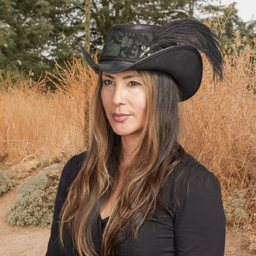 Reversible Ren | Womens Black Leather Festival Hat with Green & Gold Hat Band