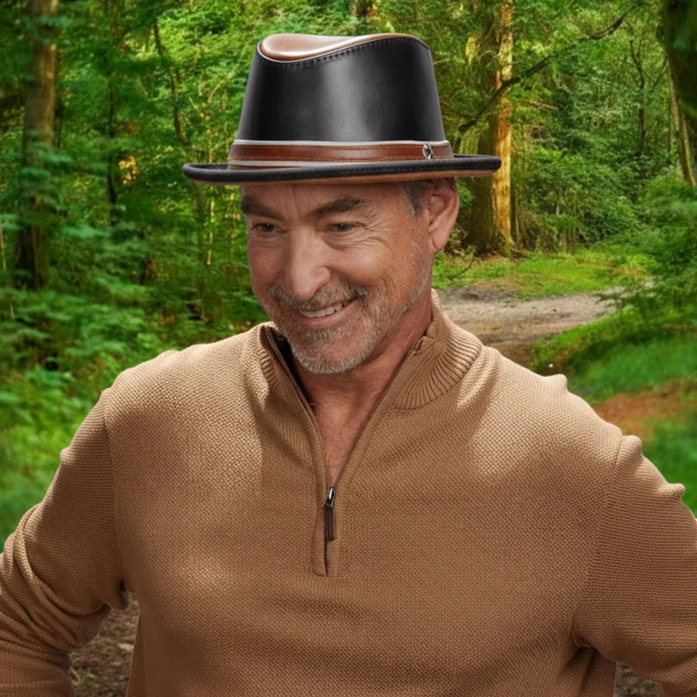 Rocky | Mens Black Leather Fedora Hat
